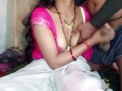 Hot Indian aunty pressed her big tits and got great pleasure by massaging her step son's penis