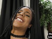 HJ Ebony babe with small boobies wanks cock and talks dirty