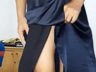 Masturbation Wearing Sexy Blue Long Satin Prom Dress