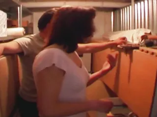 Stunning brunette German chick gets banged in the storage room