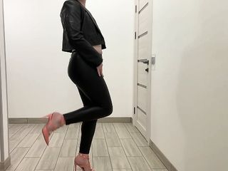 Office Secretary Tranny Slut In Leather Skinny Trousers