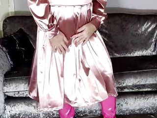 Tv crossdresser sexy pink satin dress and hot pink boots