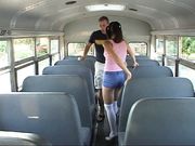 Horny little whore gets pounded hard from behind on school bus