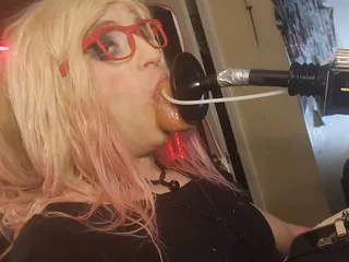 Sissy gets facial from dildo machine...