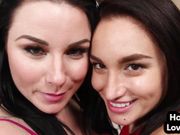 Tugging POV babes jerk cock in 3some and talk dirty