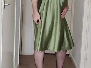 Hot Crossdresser Green Satin Slip Dress