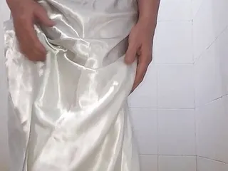 Asian Crossdresser Wearing Long Silky Nightie Gown