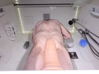 Rear View Close Up Of Me Riding 9 Inch Dildo In The Shower