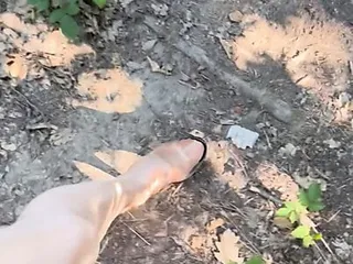Walking In Forest In Shiny Stocking And High Heels...