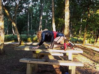 Tranny In Pvc Gets Fucked By Machine On Picnic Table