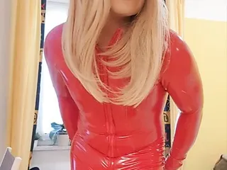 The Little Sissy In Red Catsuit