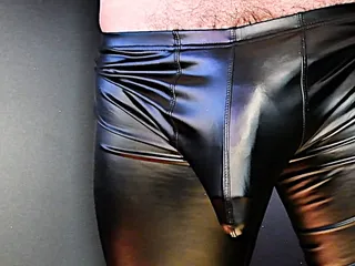 Cock Bulge Throbs In Tight Leather Pants