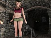 Blonde adventurer girl gets caught by a goblin in the dark dungeon