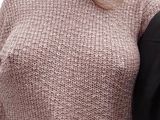  Boobwalk: Walking braless in a pink see through knitted sweater