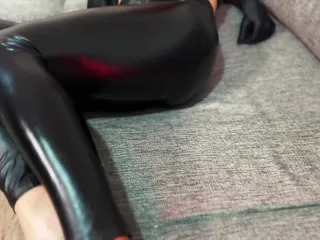 Hot Baby in a Leather Costume Let Him Cum on Her Sexy Trousers After Good Fuck