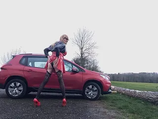 Pvc Tranny Gina Pissing And Posing Outdoors